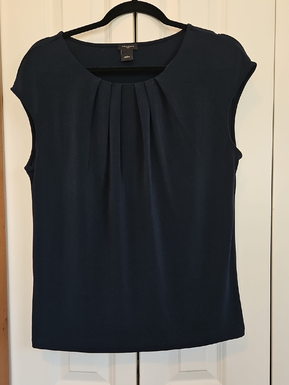 Ann Taylor Navy Pleated Cap-Sleeve Shell Size L